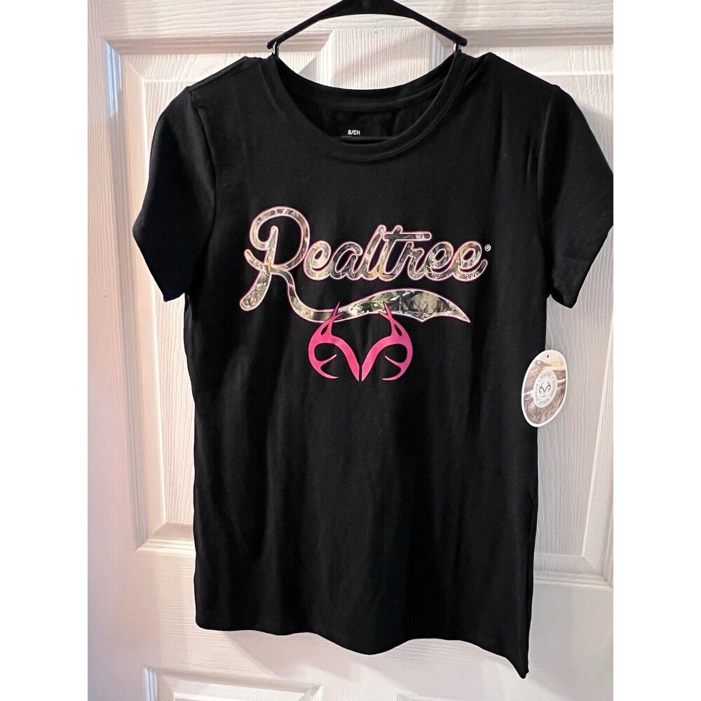 REALTREE Ladies T-SHIRT Black With Camo & Pink. Women’s Cut Size Small